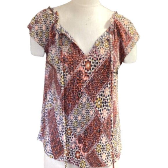 Lauren Conrad Peasant Top Mixed Print Shimmer Micropleated M 64J - Picture 3 of 12
